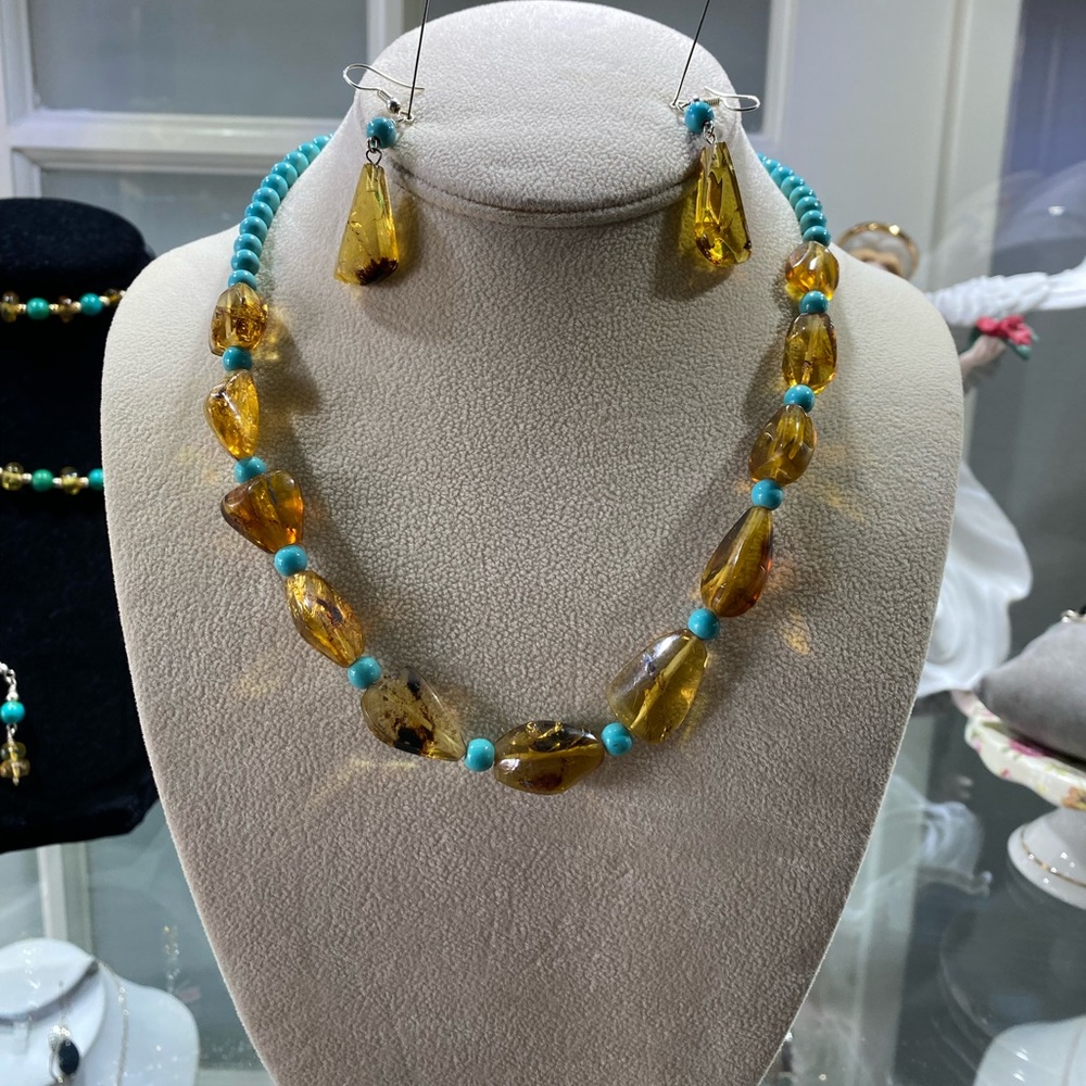 Amber Gemstone with Turquoise Gemstone Necklace